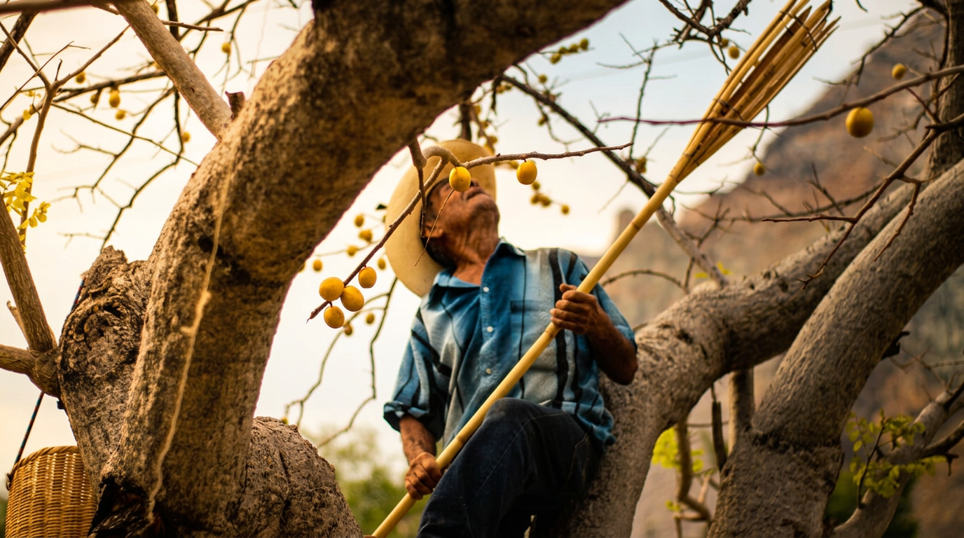 Agricultor cosechando ciruela amarilla en la huerta